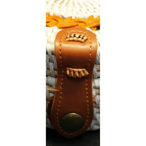 Round Crossbody Sm Woven Rattan White with Orange Accent, Brown Strap - Picture 7 of 10